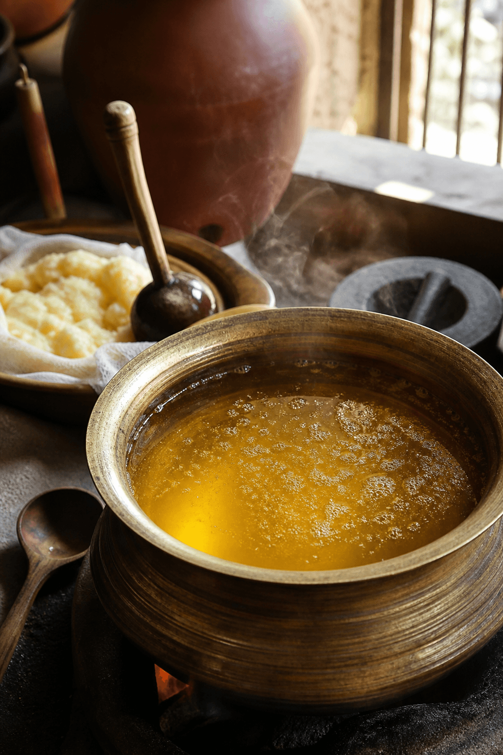 Traditional ghee preparation in Lakshmi’s kitchen